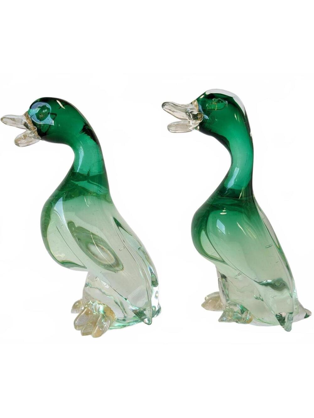 Murano Italy Duck Figurine Pair 8in Green Glass Art Deco MDM
